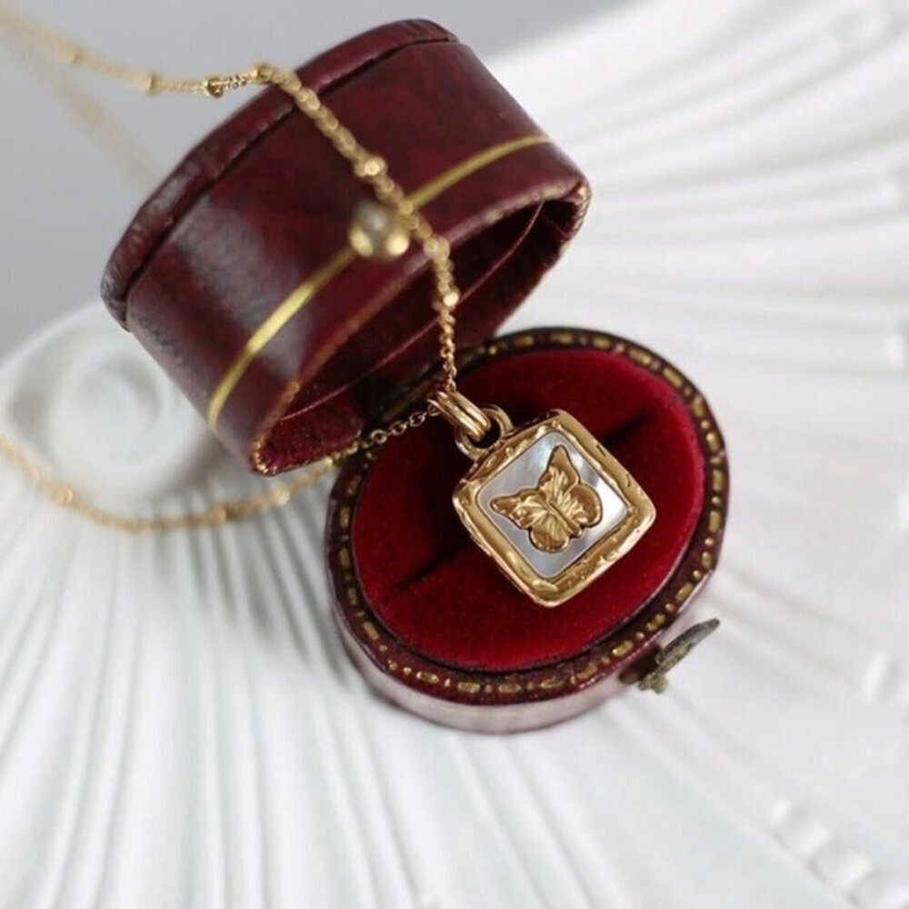 NEW Butterfly Pendant Necklace 18K Plated Beaded Chain Boho Fairy Vintage Style